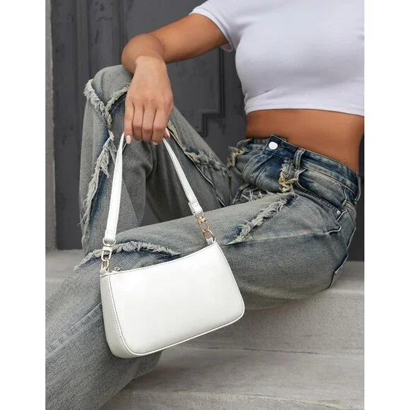 Women B White Retro Vegan Leather Polyester Lining Classic Clutch Tote HandBag - Picture 7 of 9